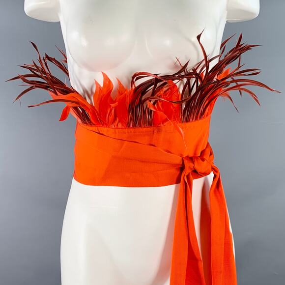 SARA ROKA Size M Red Orange Feather Cotton Blend Grosgrain Sash Belt - Picture 1 of 5